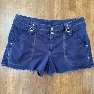 Athleta Y2K Utility Shorts Size 8 Navy Blue Frayed Hem Grommet Belt Loop 2012